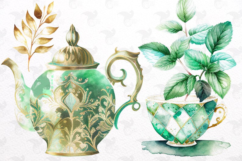 Watercolor Mint Tea Clipart Mint and Gold Tea Cups Garden Etsy