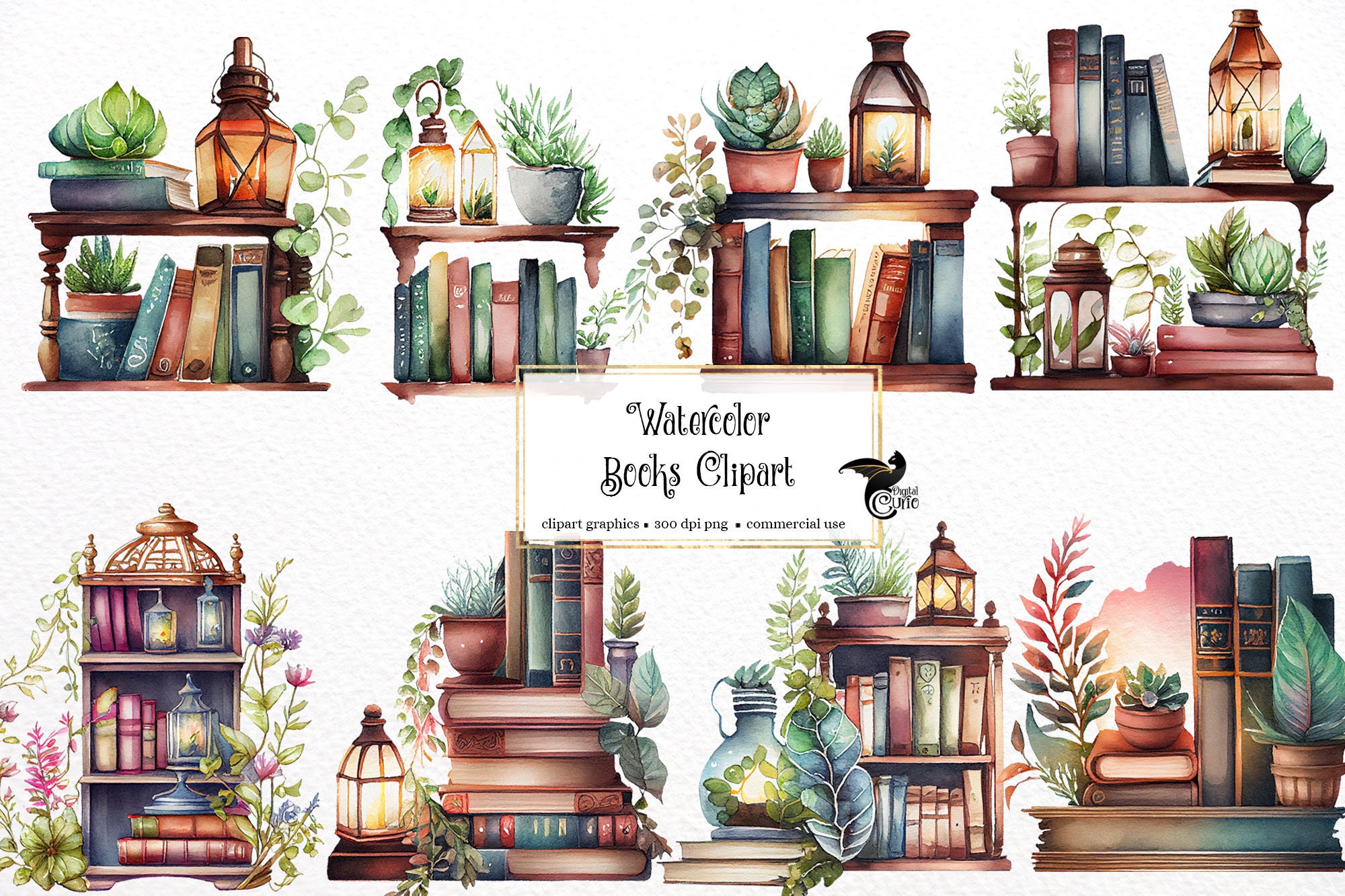 Watercolor Book Clipart - book shelves and stacks PNG format instant download for commercial use