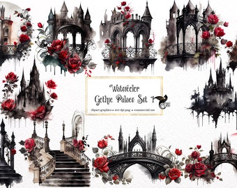 Watercolor Gothic Palace Clipart Set 1 - dark fantasy watercolor garden PNG format instant download for commercial use