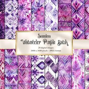 May include: A set of 20 digital seamless watercolor purple batik patterns. The patterns feature geometric shapes, floral designs, and abstract elements. The patterns are 3600 x 3600 pixels and are in JPEG format.