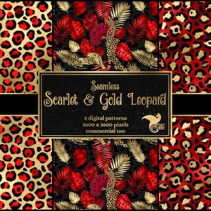 Puede incluir: Tres patrones digitales sin costuras con un estampado de leopardo escarlata y dorado. Los patrones son de 3600 x 3600 píxeles y son para uso comercial.