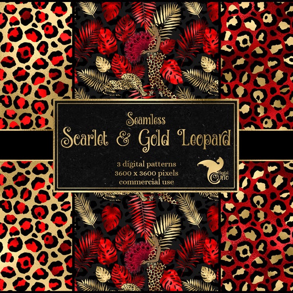 Scarlet and Gold Leopard Digital Paper, seamless leopard spot patterns, red safari animal print Art Deco style digital art commercial use