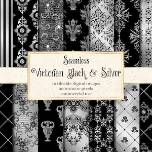 May include: A set of 18 digital seamless patterns in black and silver featuring Victorian-inspired designs. The patterns include floral motifs, geometric shapes, and intricate lacework. The text "Seamless Victorian Black & Silver" is displayed on a banner.