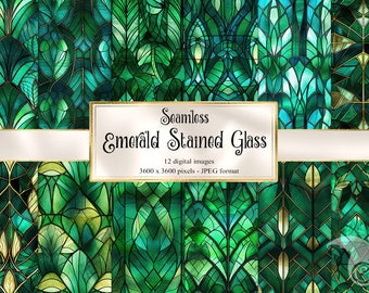 May include: Twelve seamless digital patterns featuring emerald green stained glass designs with gold accents. Each pattern is 3600 x 3600 pixels and in JPEG format.