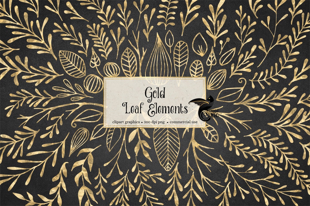 Gold Leaf Elements Clipart, Gold Foil Hand Drawn Botanical Clip Art PNG Instant Download for