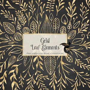 Bladgoud elementen Clipart, goud folie hand getekende botanische clip art png instant download voor commercieel gebruik