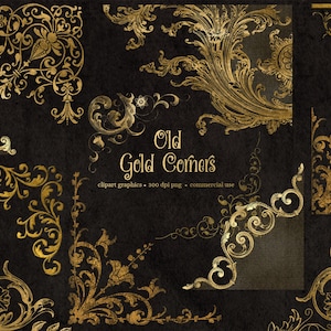 Old Gold Corners Clipart - vintage antique ornamental corner border clip art, png commercial use instant download ornament, gold graphics