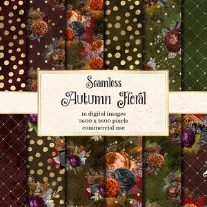 Autumn Floral Digital Paper, seamless fall flower backgrounds, printable rustic textures scrapbook paper instant download commercial use