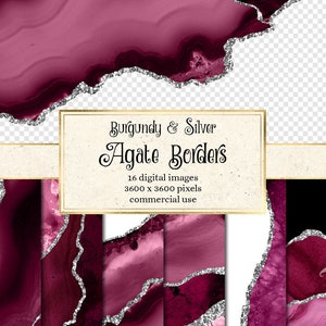 Bordi in agata bordeaux e argento, sovrapposizioni PNG geode acquerello digitale con glitter oro per uso commerciale download istantaneo