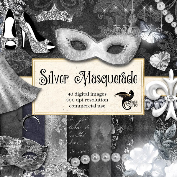Silver Masquerade Clipart, Digital Scrapbook Kit (Digital Download)