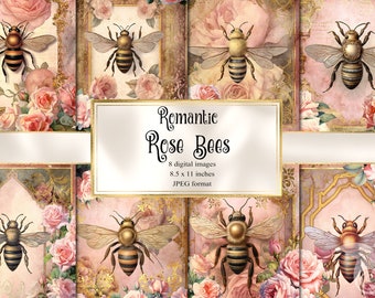 Rose Bees Journal Paper, Romantic Cottagecore Printable (Digital Download)