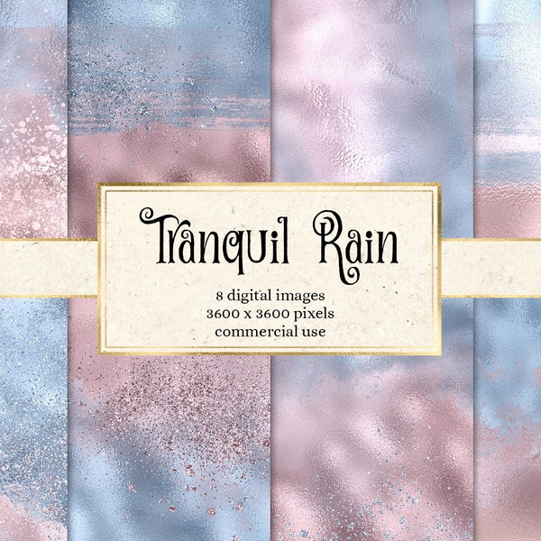 Tranquil Rain Digital Paper, glitter and foil backgrounds on ombre blue rose gold gradients printable scrapbook paper for commercial use