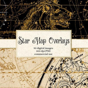 Star Map Overlays, digital png clipart overlays, gold vintage star charts, antique constellations, zodiac, astrology, sky atlas download