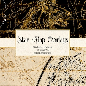 Star Map Overlays, digital png clipart overlays, gold vintage star charts, antique constellations, zodiac, astrology, sky atlas download