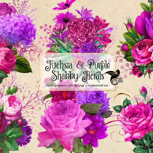 Fuchsia and Purple Shabby Floral Clip Art, digital instant download vintage flower png embellishments, hot pink roses for commercial use