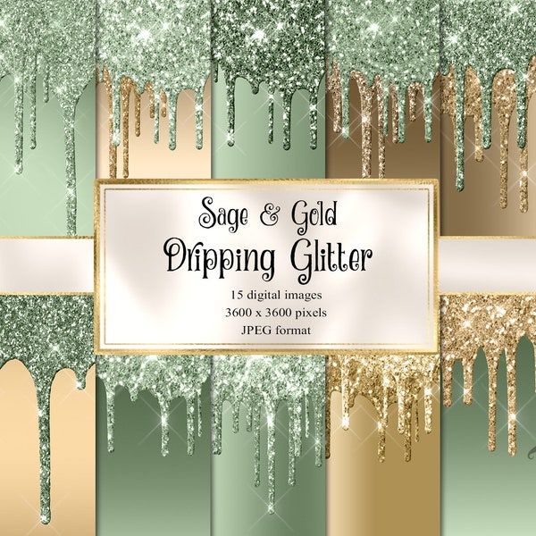Sage and Gold Glitter Drips Digital Paper, ombre glitter backgrounds with frosting drips printable scrapbook paper