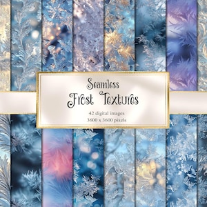 Puede incluir: Una colección de texturas de escarcha sin costuras en tonos de azul, blanco y dorado. La imagen presenta 42 imágenes digitales, cada una de 3600 x 3600 píxeles, con diversos patrones helados. El texto en la imagen dice "Seamless Frost Textures".