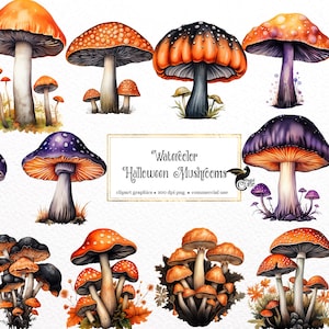 Watercolor Halloween Mushrooms Clipart - clip art in PNG format instant download for commercial use