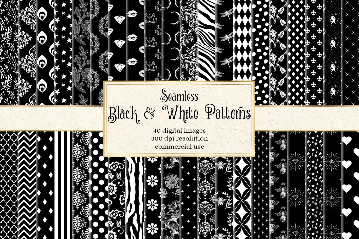 Schwarz und weiß digitales Papier, nahtlose Muster druckbare Scrapbook Papier sofortiger Download kommerzielle Nutzung