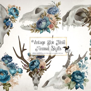 Vintage Blue Floral Animal Skulls Clipart - czaszki kwiatów piwonii w formacie PNG do natychmiastowego pobrania w celu wykorzystania komercyjnego