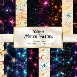 May include: A set of 20 digital seamless patterns featuring colorful neuron-like designs with glowing lights on a dark background. The patterns are 3600 x 3600 pixels and in JPEG format.