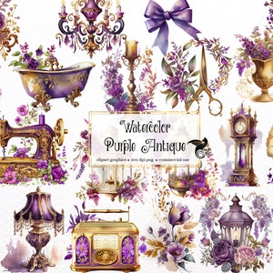 Watercolor Purple Antique Clipart - vintage shabby PNG format instant download for commercial use