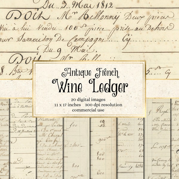 French Wine Ledger Digital Paper - antique digital ephemera size 11x17 printable textures