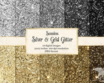 Silver and Gold Glitter Digital Paper - seamless digital paper sparkle textures or backgrounds invitations stickers