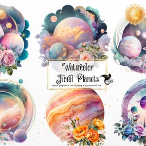 May include: Watercolour clipart graphics of floral planets with a pink, blue and yellow colour scheme. The planets are surrounded by flowers and clouds. The text "Watercolor Floral Planets" is in the centre of the image.