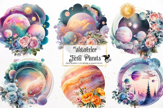 Watercolor Floral Planet Clipart – Celestial Solar System PNG (Digital Download)