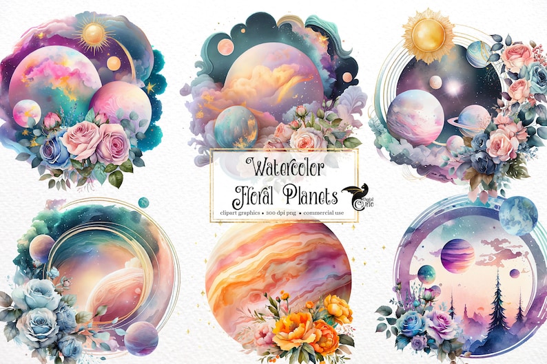 Akvarell blommig planet Clipart – Celestial Solar System PNG (digital nedladdning) bild 1