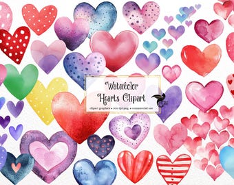 May include: A collection of watercolor hearts in various colors and patterns. The hearts range in size and feature designs such as polka dots, stripes, and gradients. The image includes text that reads "Watercolor Hearts Clipart".