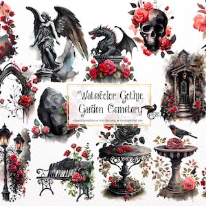 Aquarel Gothic Garden Cemetery Clipart Set 1 - vintage PNG-indeling direct downloaden voor commercieel gebruik