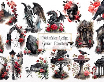 Aquarell Gothic Friedhof Clipart - Garten Rosen, PNG (Instant Download)