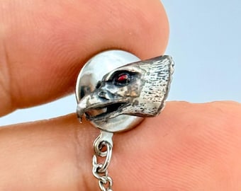 Sterling Silver Eagle Raven Bird Head Garnet Eye Tie Tack Chain Lapel Pin Vtg