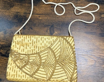 Vintage Magid Gold Beaded Evening Bag Art Deco Clutch Shoulder Purse Retro Glam