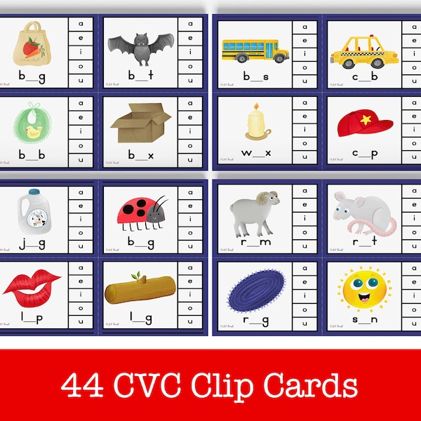 CVC Missing Vowel Clip Cards | PLAYcards | PreK Printable | Fill in the Missing Vowel | Learn to Read | Beginning Reading | CVC Words