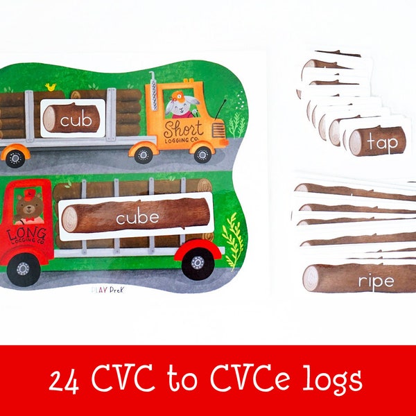 Short and Long Vowel Logging Co. PLAYmat | CVC | CVCe | Printable Reading Activity for Kindergarten & First Grade | Construction Theme