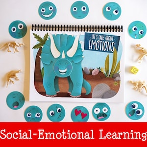 Tableau des émotions de dinosaure, tableau des sentiments imprimable, préscolaire, développement social et émotionnel, autisme, tableau des TSA, thérapie ABA, mes sentiments