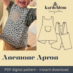 May include: Anemone Apron PDF digital pattern. The image shows a child wearing a floral apron with a square pocket. The apron has a blue and white floral pattern. The image also shows a line drawing of the apron.