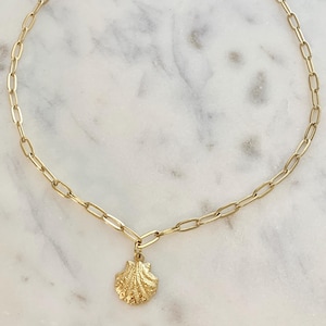 Summer Gold Shell Necklace with Gold Paperclip Chain, 18k Real Gold, Everyday Necklace, Gift for Her, Dainty Necklace, Gold Chain