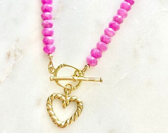 18k Real Gold Heart Charm Gemstone Beaded Necklace, Gemstone Necklace, Summer Necklace, Spring Necklace, Everyday Necklace, Customize