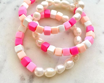 Colorful Clay Cube and Pearl Summer Bracelet