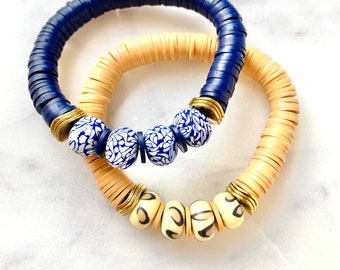 Heishi with Leopard or Blue Chinoiserie Accents Beaded Stretch Bracelet