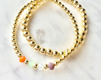 Birthstone Hematite Gold Ball Beaded Stretch Bracelet Set of 2