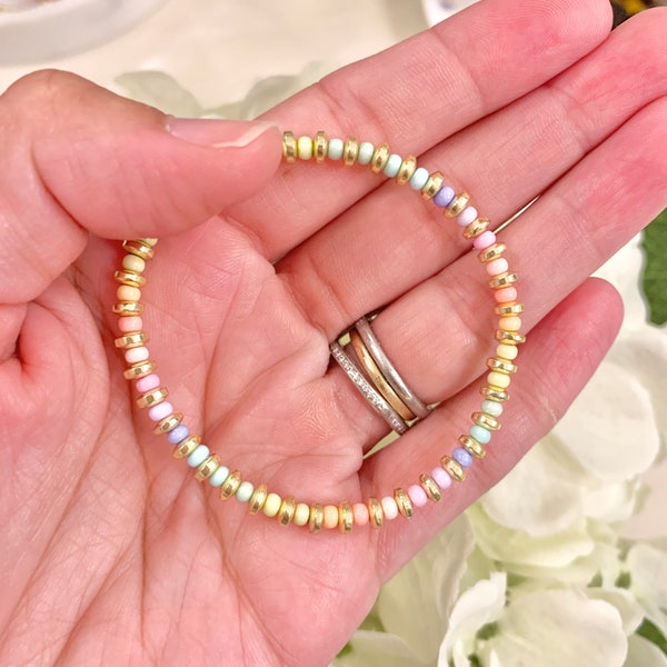 Pastel and Gold Rainbow Beaded Stretch Bracelet