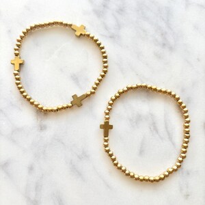 Beaded Gold Cross Stretch Bracelet, Christian Bracelet, Gifts for Her, Girls, Women&#39;s, Minimalist Jewelry, 14k Gold, Waterproof, No Tarnish