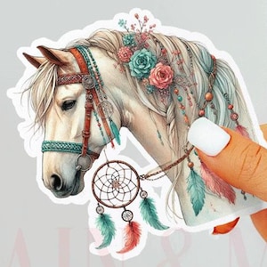 Sticker cheval floral, sticker équestre, sticker cow-girl, fille cavalière, cheval bohème, cheval amérindien, fête de cheval, sticker cheval, cadeau cheval