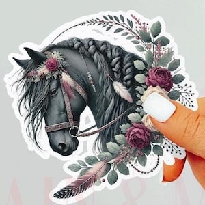 Sticker cheval noir, sticker équestre, sticker cow-girl, fille de cheval, cheval bohème, cheval floral, fille d'anniversaire de cheval, décalcomanies cheval, cadeau cheval