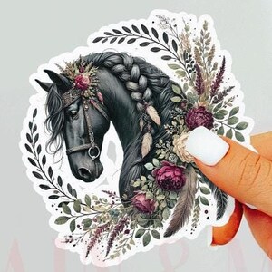 Sticker cheval noir, sticker équestre, sticker cow-girl, fille de cheval, cheval bohème, cheval floral, fille d'anniversaire de cheval, décalcomanies cheval, cadeau cheval